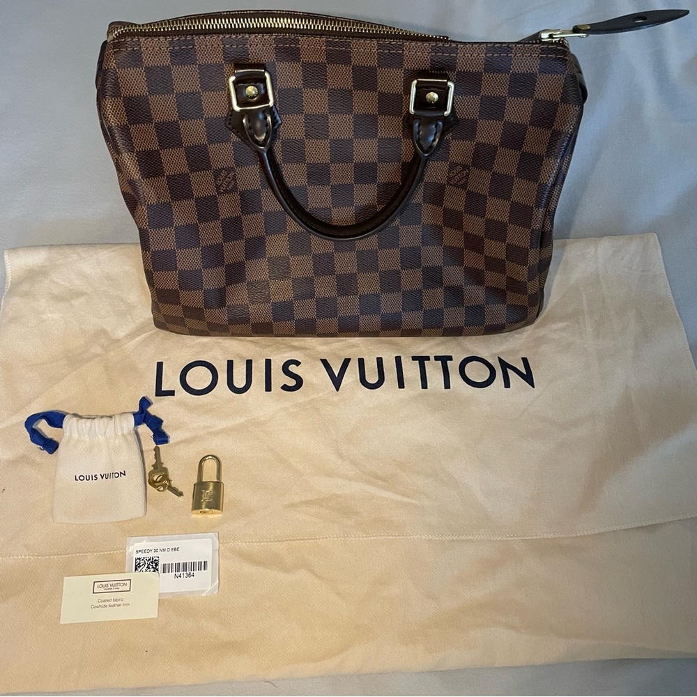 Louis Vuitton LV Speedy 30 Handbag Damier Ebene Brown Red Interior Authentic
